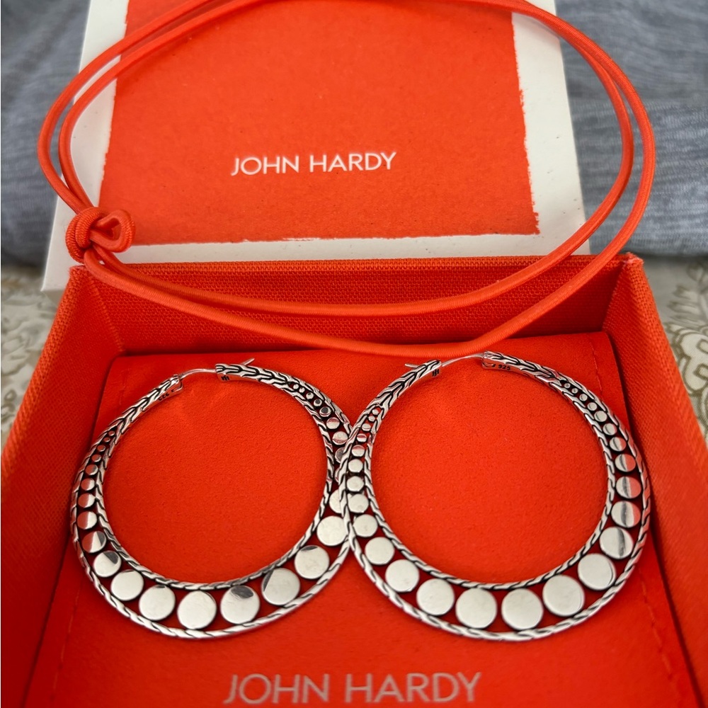 John Hardy Silver Crescent Hoop Earrings with Intricate Design